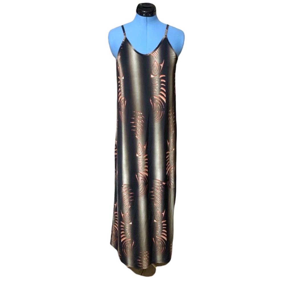 Fish Bone Maxi Dress with Stripes & Fish Skeletons Brown Tones
